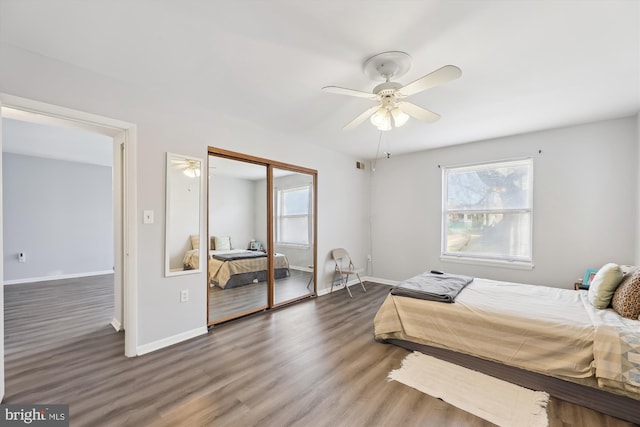 bedroom featuring a closet, multiple windows, baseboards, and wood finished floors