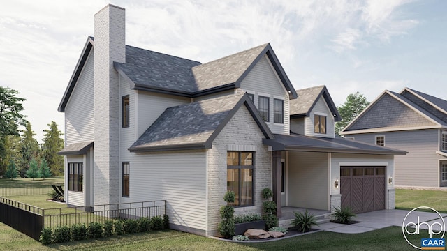 view of front facade with driveway, a front lawn, fence, a garage, and a chimney