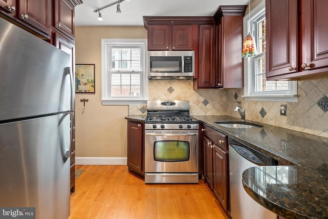 kitchen with a sink, plenty of natural light, appliances with stainless steel finishes, light wood finished floors, and dark brown cabinets