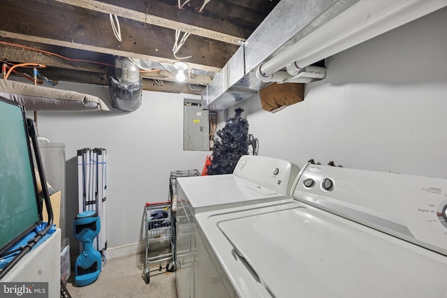 clothes washing area featuring electric panel, washing machine and dryer, and laundry area