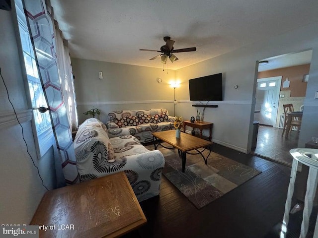 living room featuring a ceiling fan and wood finished floors