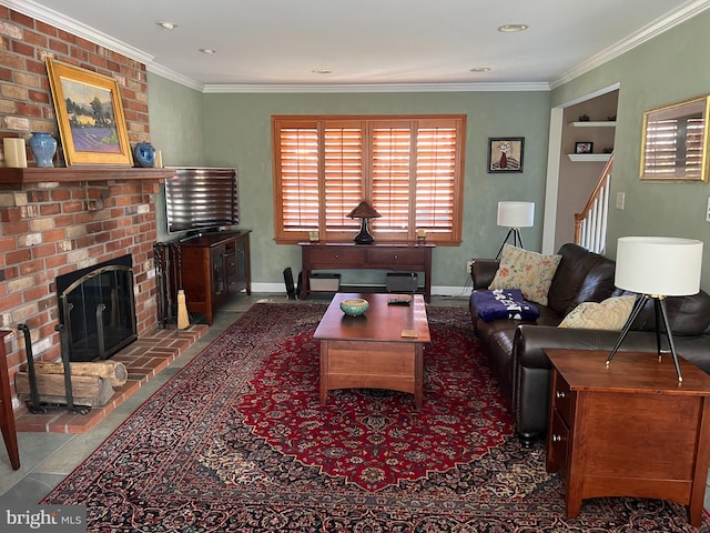 living room with stairway, a brick fireplace, baseboards, and ornamental molding