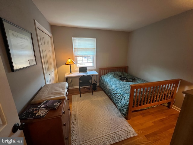 bedroom with wood finished floors and a closet