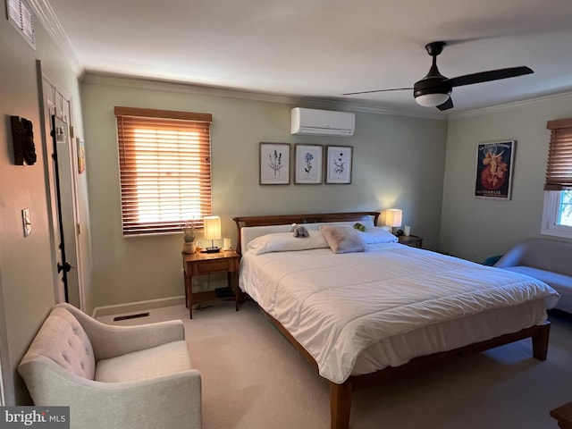 bedroom with crown molding, multiple windows, carpet floors, and a wall mounted AC