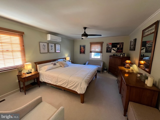 bedroom featuring a ceiling fan, a wall mounted AC, carpet, crown molding, and baseboards