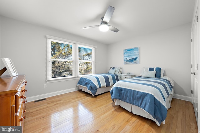 bedroom with light wood-type flooring, visible vents, and baseboards