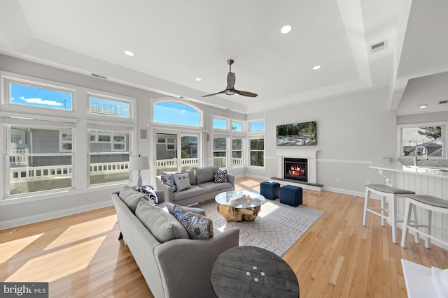 living area featuring a tray ceiling, baseboards, visible vents, and light wood-type flooring