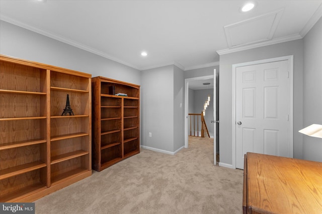 unfurnished bedroom with baseboards, attic access, ornamental molding, carpet floors, and recessed lighting