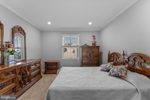 bedroom with ornamental molding, recessed lighting, and light carpet