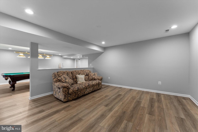 sitting room with recessed lighting, pool table, baseboards, and wood finished floors