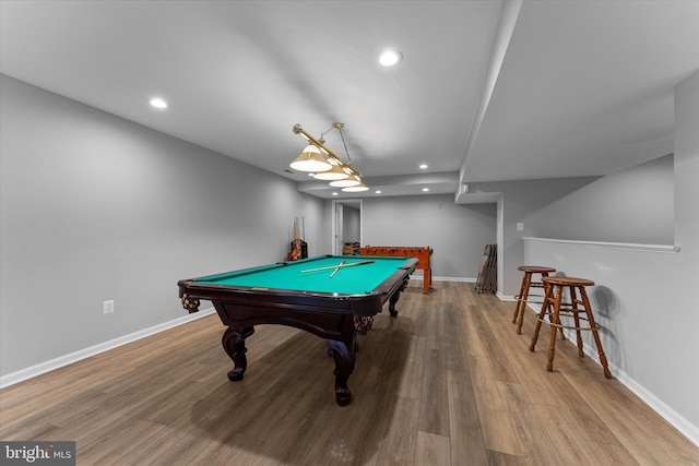 game room with billiards, recessed lighting, wood finished floors, and baseboards