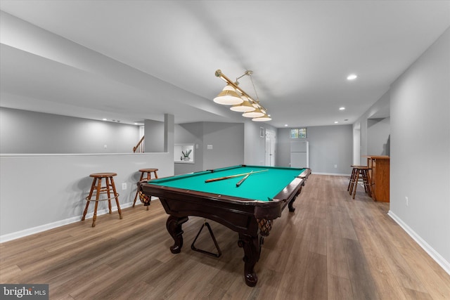 recreation room featuring pool table, recessed lighting, wood finished floors, and baseboards