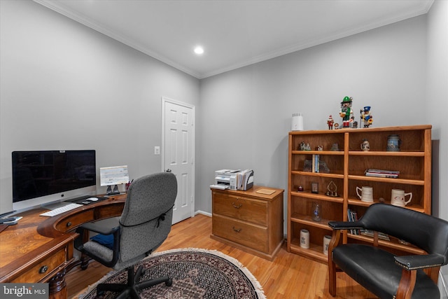 home office featuring crown molding, recessed lighting, and light wood-type flooring