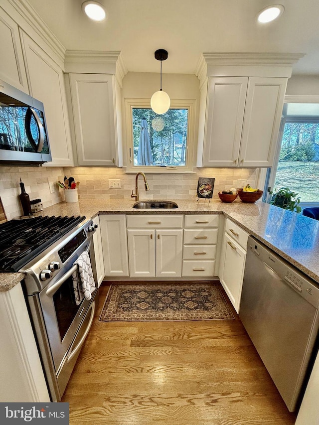 kitchen with white cabinetry, wood finished floors, appliances with stainless steel finishes, and a sink