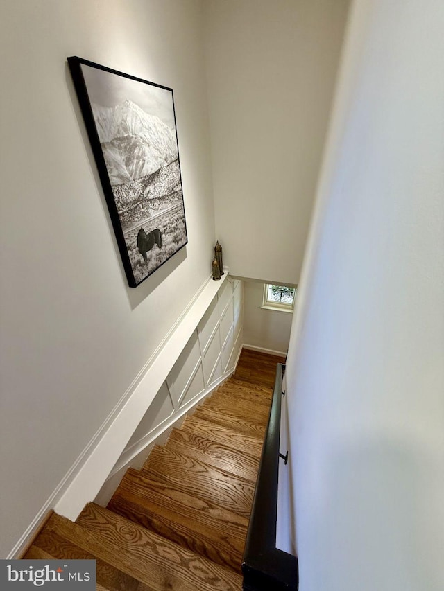 staircase featuring baseboards and wood finished floors