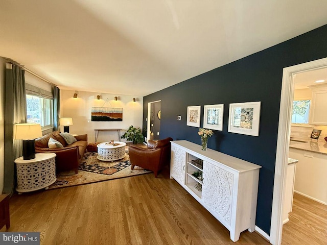 living area with wood finished floors and vaulted ceiling