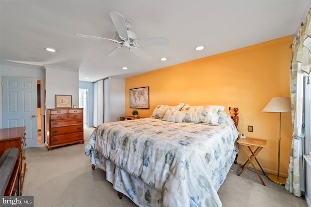 bedroom featuring recessed lighting, ceiling fan, carpet, and ornamental molding