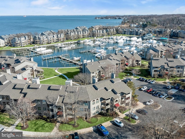 drone / aerial view featuring a water view