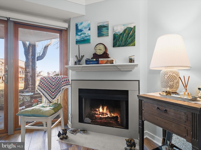 interior details featuring a warm lit fireplace