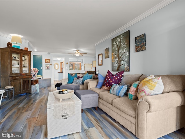 living room featuring crown molding, ceiling fan, and wood finished floors