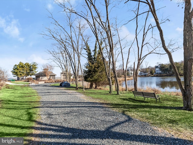 view of street with a water view