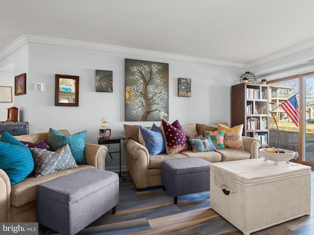 living room featuring wood finished floors and ornamental molding