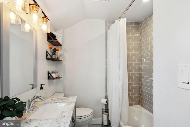 bathroom featuring visible vents, toilet, shower / bath combination with curtain, vanity, and vaulted ceiling