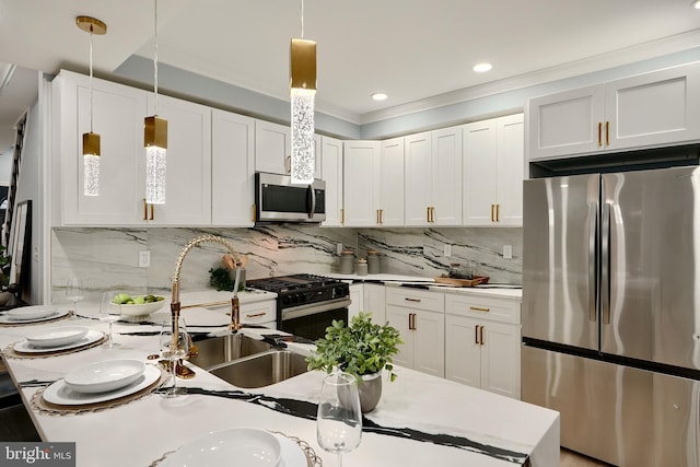 kitchen featuring backsplash, stainless steel appliances, light countertops, and ornamental molding