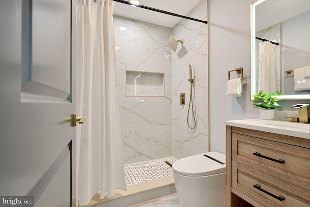 bathroom with a marble finish shower, toilet, marble finish floor, and vanity