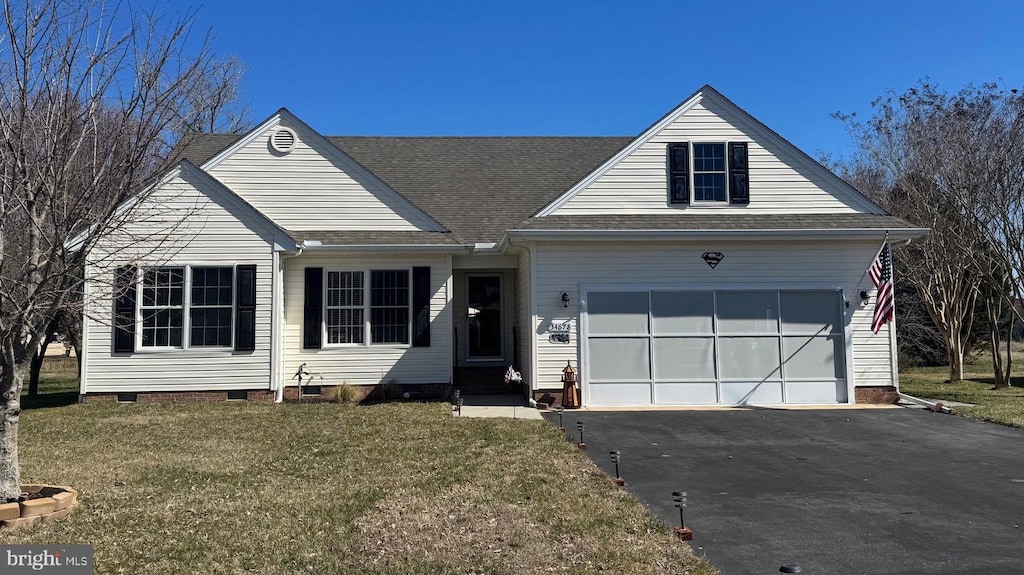 view of front of home with a front yard, a shingled roof, a garage, crawl space, and aphalt driveway