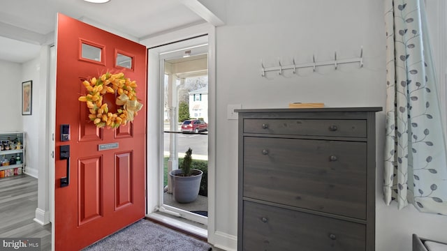 foyer with baseboards and wood finished floors