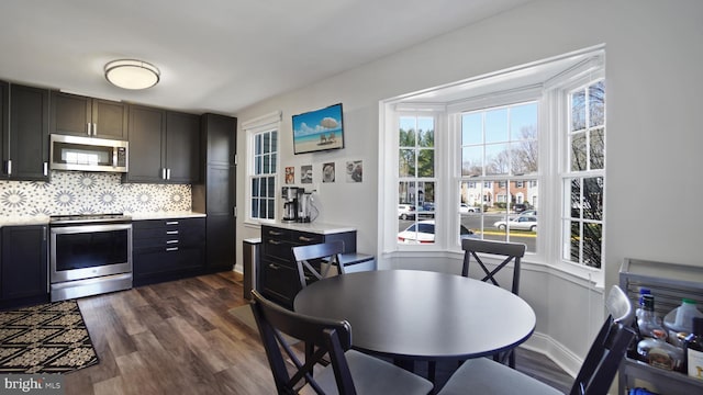 kitchen featuring light countertops, tasteful backsplash, appliances with stainless steel finishes, baseboards, and dark wood-style flooring