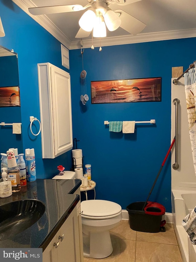 bathroom with crown molding, toilet, tile patterned floors, vanity, and a ceiling fan