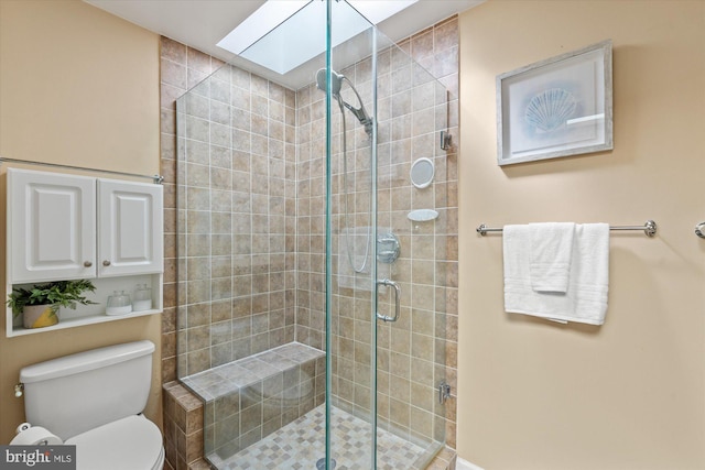 bathroom featuring toilet, a skylight, and a shower stall