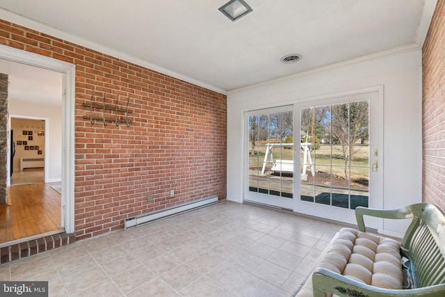 unfurnished sunroom with radiator heating unit, visible vents, and baseboard heating