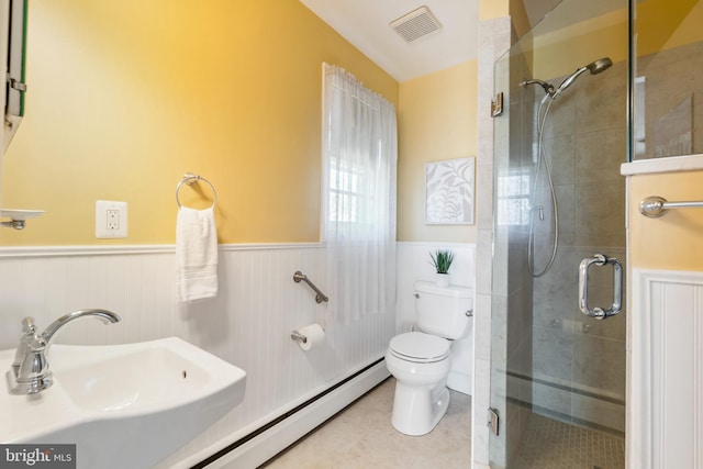 bathroom featuring visible vents, a shower stall, toilet, wainscoting, and a sink