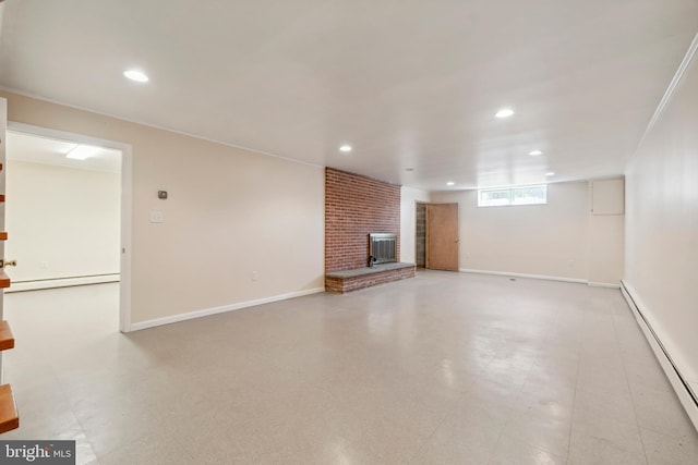 unfurnished living room with recessed lighting, light floors, baseboards, and a baseboard radiator