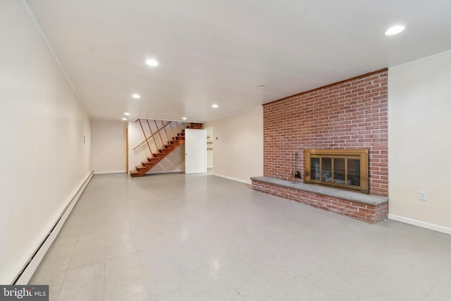 unfurnished living room with recessed lighting, ornamental molding, stairs, a brick fireplace, and baseboard heating