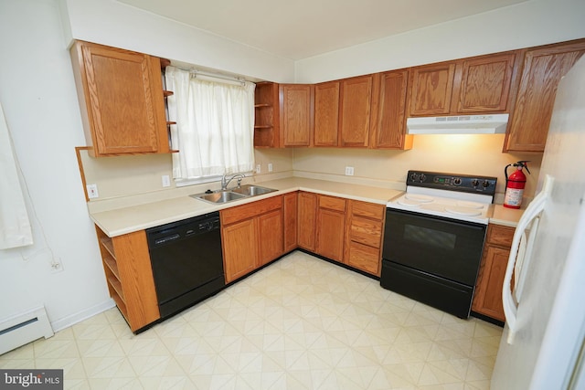 kitchen featuring a sink, black dishwasher, electric stove, under cabinet range hood, and a baseboard heating unit