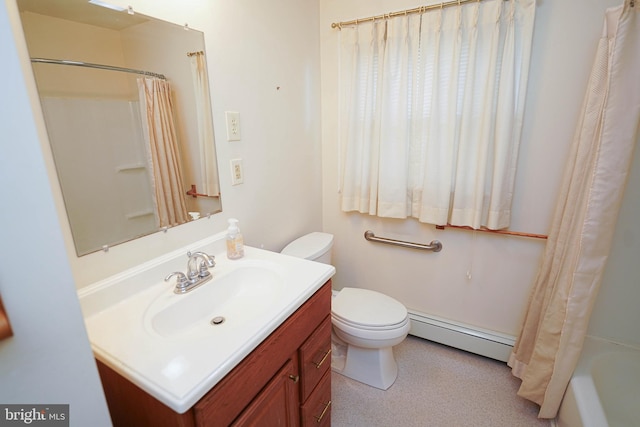 full bathroom featuring a baseboard heating unit, toilet, and vanity