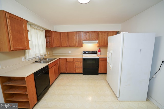 kitchen featuring range with electric cooktop, under cabinet range hood, dishwasher, white fridge with ice dispenser, and open shelves