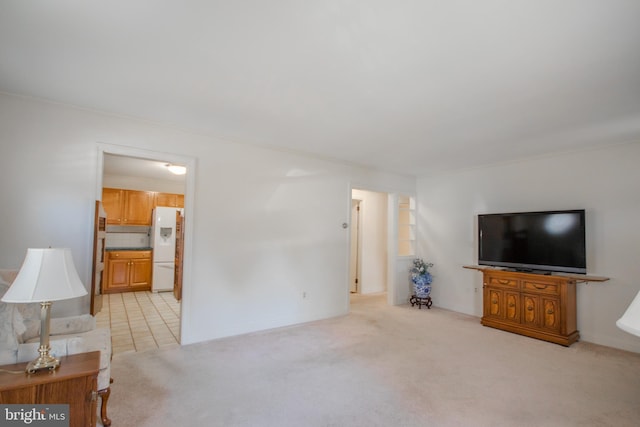 living room featuring light carpet