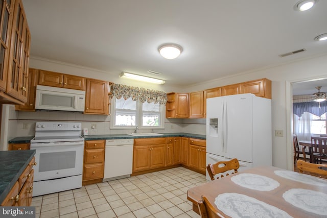 kitchen featuring a sink, white appliances, dark countertops, and a wealth of natural light