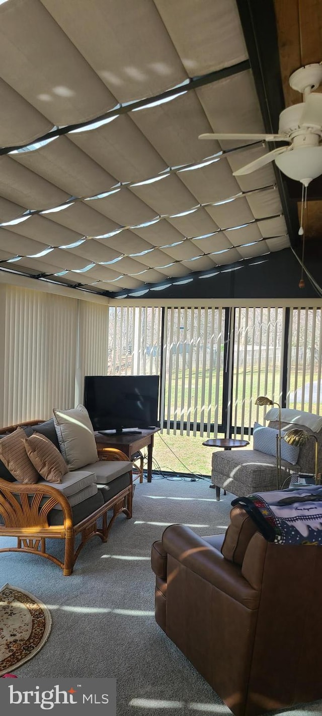 living area with a sunroom, a paneled ceiling, and carpet floors