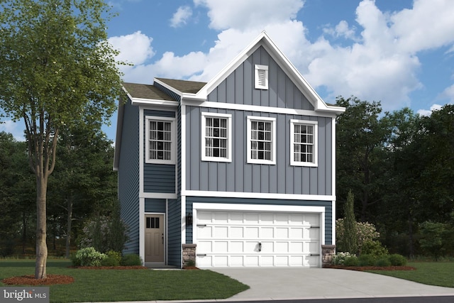 view of front of house featuring stone siding, board and batten siding, and driveway