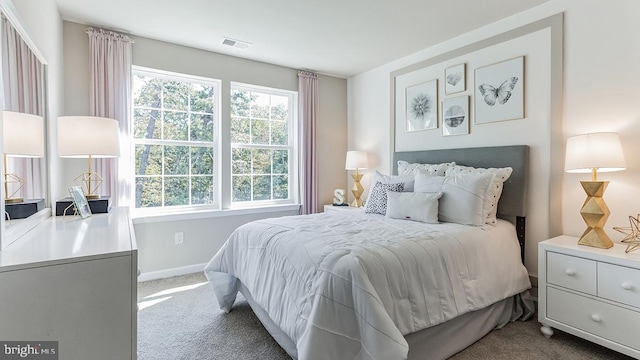 carpeted bedroom featuring visible vents and baseboards