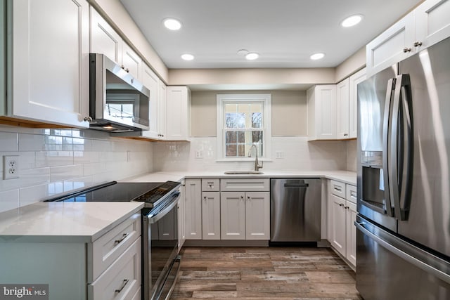 kitchen featuring dark wood finished floors, a sink, light countertops, appliances with stainless steel finishes, and white cabinetry