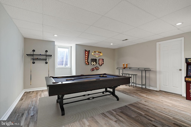 playroom featuring wood finished floors, baseboards, recessed lighting, pool table, and a paneled ceiling