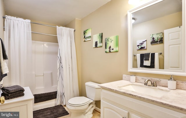 bathroom with vanity, toilet, and shower / bathtub combination with curtain