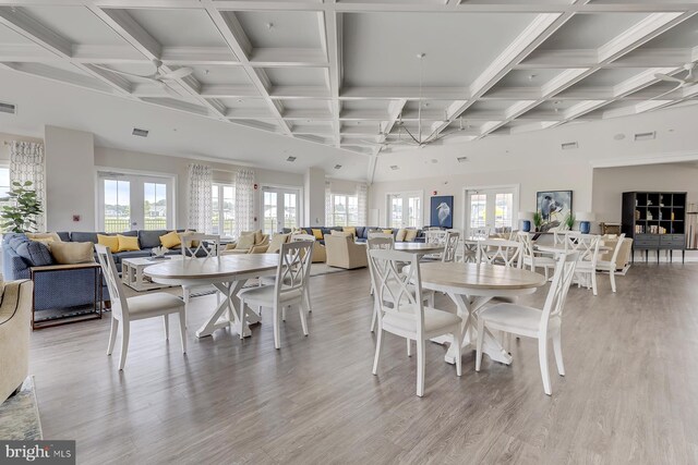 dining area featuring french doors, a healthy amount of sunlight, and light wood finished floors